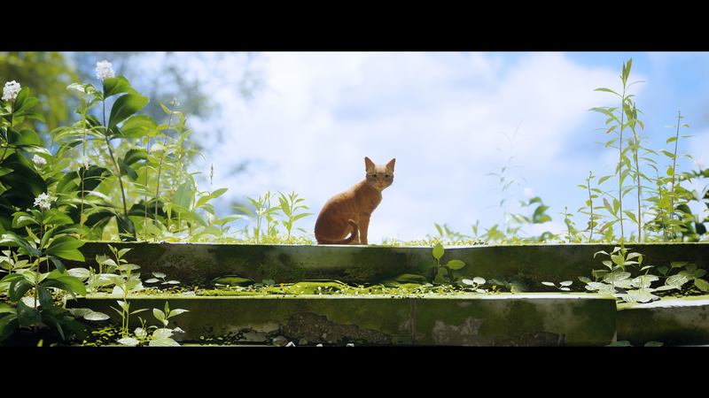 サイバーパンクな路地裏を歩く猫。遠くに明滅する看板が印象的な一枚。